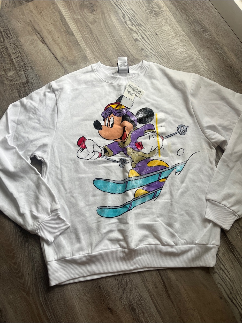 Disney White Crewneck Sweatshirt with Colorful Skiing Mickey Graphic
